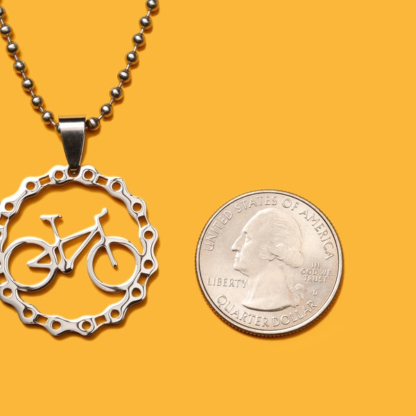 Mountain Bike in Circle Chain Pendant, Stainless Steel, Shiny Polished Finish Charm -  Rubber cord and Stainless Steel chain necklace incl.