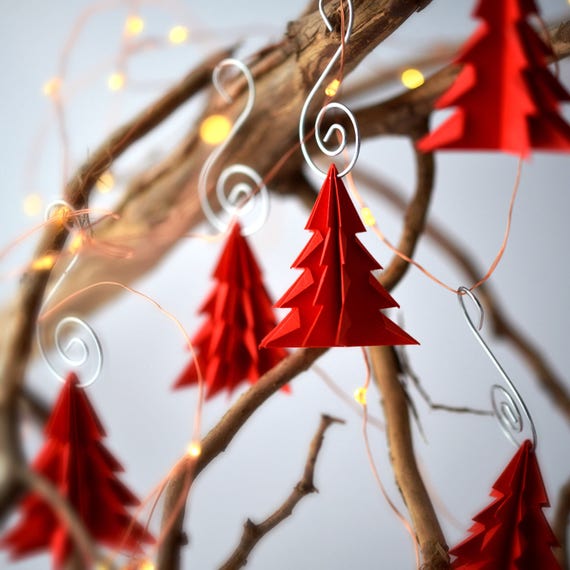 Set Of Red Origami Christmas Tree Paper Ornaments 6 Pack
