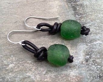 Frosty Green Leather and Recycled Glass Earrings, Sterling Silver, Sea Glass, Green Sea Glass, Bottle Green, Recycled Glass, Green Earrings