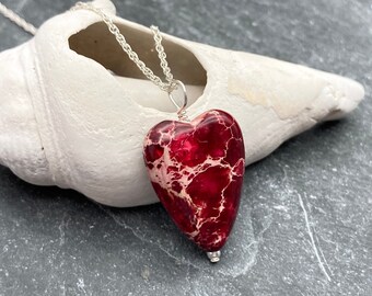 Red Impression Jasper Heart Necklace, Sterling Silver, Red Heart, Jasper Necklace, Long Necklace, Heart, Sea Sediment Jasper, Red Jasper