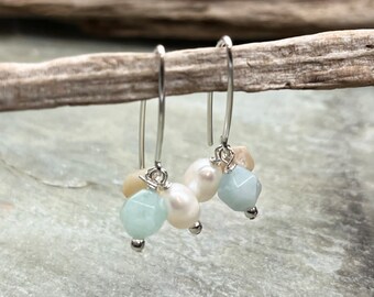 Amazonite and Pearl Earrings, Sterling Silver, Freshwater Pearl, Aqua Stone, Ocean Earrings, Medium Length, Amazonite Earrings, Ocean, 925