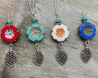 Blooming Necklace Sterling Silver, Blue Flower Necklace, Red Flower Necklace, White Flower Necklace, Leaf Earrings, Rose Necklace, Turquoise