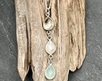 Mixed Gemstone Necklace, Sterling Silver: Aqua Chalcedony, Quartz, Blue Hydro Quartz
