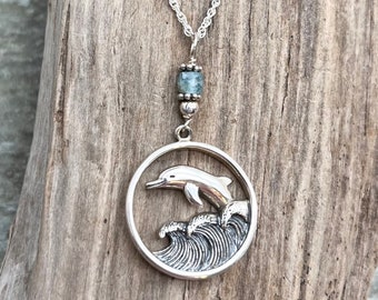 Dolphin Necklace, Apatite, Sterling Silver, Wave Necklace, Dolphin with Waves, Ocean Necklace, Dolphin, Delicate Chain, Silver Dolphin, Blue