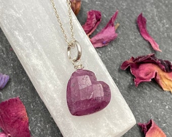 Mozambique Ruby Heart Necklace, Sterling Silver, Multiple Lengths, Genuine Ruby, Ruby Necklace, July Birthstone, Natural, Ruby, 925