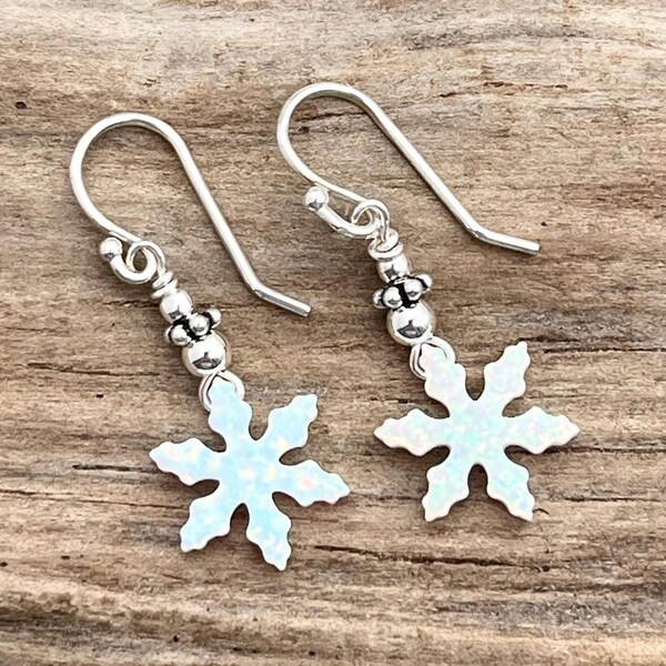 White Opal Snowflake Earrings: Sterling Silver, Lab Opal