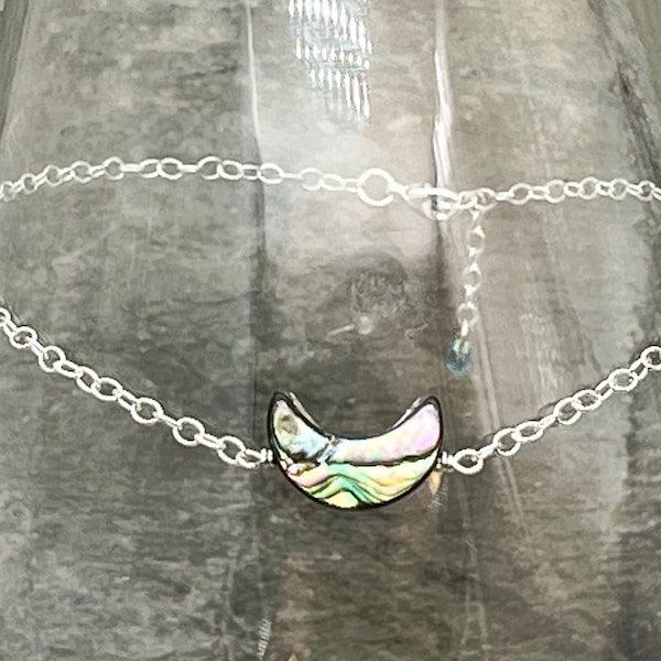Paua Abalone Moon Anklet: Sterling Silver, Crescent Shell