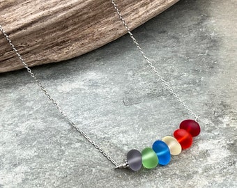 Rainbow Sea Glass Bar Necklace, 18 Inch, Sterling Silver, Cultured Sea Glass, Recycled, Glass Necklace, Rainbow Jewelry, Rainbow Necklace