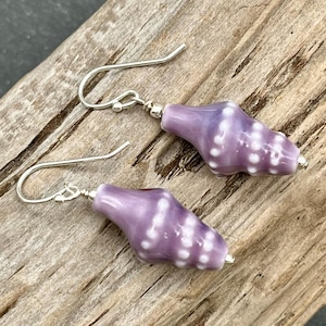May include: A pair of seashell-shaped earrings. The earrings are a light purple color with white spots and silver-colored hooks. The earrings are displayed on a piece of weathered wood.