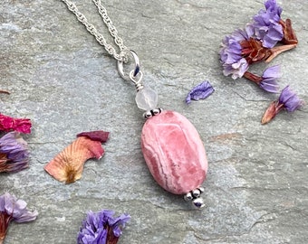 Rhodochrosite Necklace, Sterling Silver, Rainbow Moonstone, Natural Stone, Pink Stone, Pink Necklace, Moonstone, Rhodochrosite, Chain