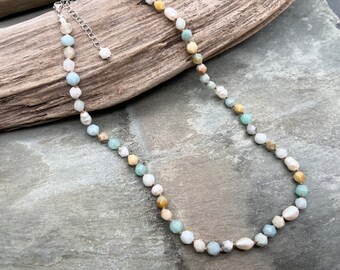 Amazonite and Pearl Necklace, Sterling Silver, Adjustable Length, Hand Knotted Silk, Natural Stone, Freshwater Pearl, Ocean Necklace