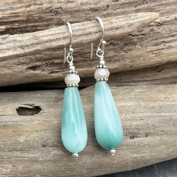 Tropical Seas Earrings, Sterling Silver, Aqua Art Glass, Mystic Moonstone, Aqua Earrings, Ocean Earrings, Turquoise, Blue Earrings, 925