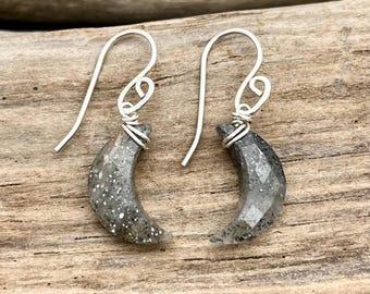 Black Sunstone Moon Earrings: Sterling Silver