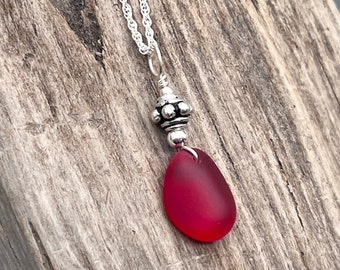 Red Sea Glass Necklace, Sterling Silver, Several Length Options, Sea Glass, Red Sea Glass, Seaglass, Ocean Necklace, Red Stone, Red Necklace