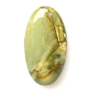 May include: Oval-shaped gemstone with a pale green hue, featuring intricate brown and gold veining patterns. The polished surface reflects light, showcasing the stone's natural beauty. A unique, natural gemstone.