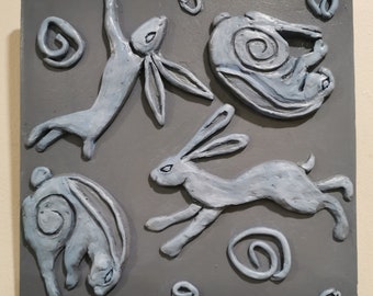 Hopping Rabbits/Rabbit Decor/Rabbit Gift/Bunny Artwork/Wall Art/Wall Decor/Rabbit Lover Gift/One Of A Kind Art/Sculpture Wall Art/Relief Art