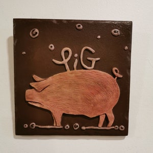 Pig Art Tile /Sculpted Pig Relief / Pig Wall Sculpture/ Hand Painted Farm Animal / Pig Home Decor/ Pig Lover/ Pig Sculpture Gift
