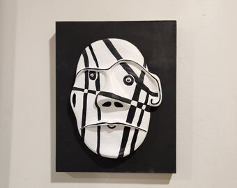 Face Decor/Black and White Mask/Painted Face On Wood/Mask Wall Art/Minimalist Wall Art/Relief Art/ Wall Tile Art/Line Art/Modern  Face Art