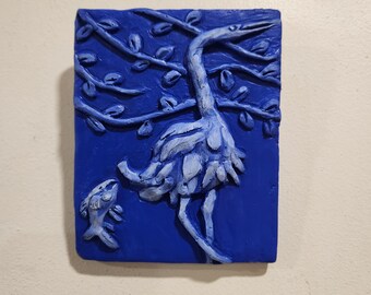 Heron and Fish/Wall Art Tile/Small Tile/Wall Decor/Unique Gift/ Heron Art/Wall Sculpture/Handmade Tile/ Hand Painted Art/ Art Lover