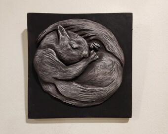 Sleeping Squirrel Wall Sculpture: Hand-Painted Relief Art Tile