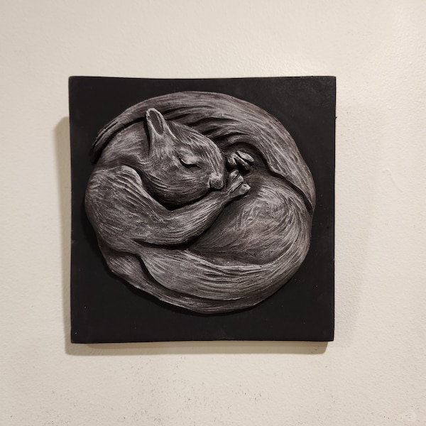 Sleeping Squirrel/ Animal Wall Sculpture/ Cute Squirrel Sleeping/ Decorative Squirrel Art Tile/Squirrel Relief /Squirrel Sculpture Picture