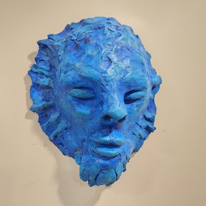 Blue Ceramic Face Mask/Handmade Wall Sculpture/ Fired Ceramic Face/ Eyes Closed Face/ Wall Sculpture/ Face Wall Decor/ Unique Face Art