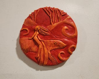 Girl on Bear Wall  Wall Sculpture/ Hand-Painted Folklore Art Tile/ Bas Relief/ Illustrative Tile/Handmade Wall Decor/Small Wall Art