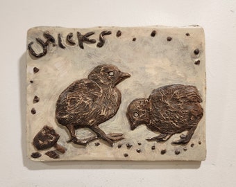 Hand-Painted Baby Chicks Relief Tile - Hydrostone Wall Art
