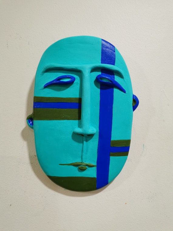 Modern Face Mask Wall Sculpture/turquoise Blue Painted Face