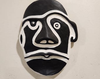Black and White Face/Modern Face Mask//Canadian Art/Minimal Decor/Decorative Tile/Handmade Face Tile/ Unique Painted Face Art