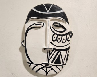 Black & White Face Art Tile: Modern Painted Wall Sculpture