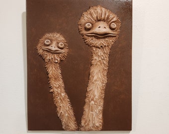 Ostrich Wall Sculpture/ Bas Relief Animal Art/ Ostrich Wall Tile/ Hand Made Bird Wall Decor/ Ostrich Lover Gift/Bird Wall Art/Funny Ostrich