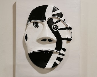 Black and White Face /Painted Face Art/Painted Face On Wood/Mask Wall Art/Sculpture Wall Art/Relief Art/Line Wall Decor/Sculpted Face Art