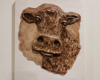 Handmade Brown Cow Relief Painting: Farmhouse Wall Decor