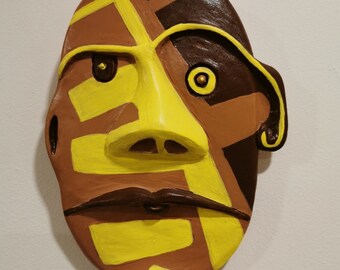 Sculpted Face Wall Sculpture/ Mid-Century Modern Face Wall Tile/Yellow and Brown Sculpted Face/Unique Face Gift/Face Design/ Original Art