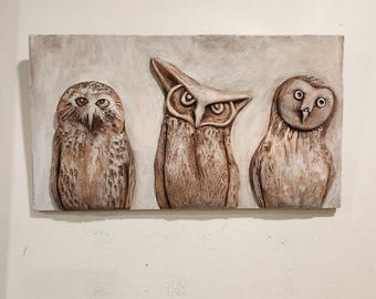 Three Owls Wall Sculpture/ Hand Painted 3 Owls Wall Decor/ Bird Wall Art/ Handmade Owls/ Wall Sculpture/Bird Lover/ Unique Wall Owls