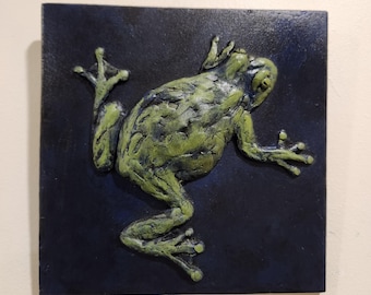 Sculpted Frog Art Wall Tile/Colourful Wall Sculpture/Handmade Bas Relief Tile/ Frog Lover Gift/Original Art/ Home Decor/ Hand Painted Frog