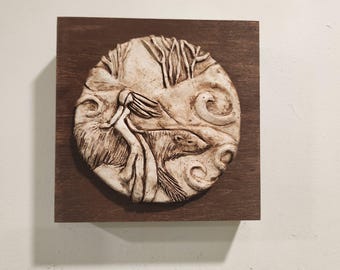 Girl on Bear Wall Sculpture/ Hand Painted Folklore Medallion on Wood/ Small Unique Bas Relief Gift/ OOAK Wall Art/ Hand Made Relief on Wood