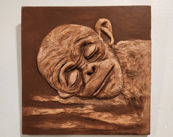 Sleeping Chimpanzee Baby Face Relief Wall Sculpture/Chimp Wall Art/Hand Painted Chimp Sleeping/ Original Wall Decor/ Sculpted Bas Relief