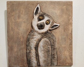 Sculpted Lemur Wall Tile/ Animal Wall Sculpture/ Hand Made Wall Decor/ Lemur Lover Gift/ Unique Painted Wall Tile/ Original Lemur Wall Art