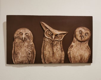 3 Owls /Owl Decor/Owl Gift /Bird Artwork /Wall Art/Wall Decor/Bird Lover Gift/One Of A Kind Art/Sculpture Wall Art/Relief Art/Wall Tile Art