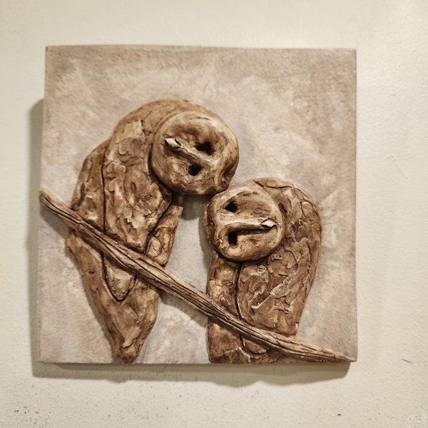 2 Owls /Bird Wall Sculpture/Owls Relief / Decorative Owl Tile/ Hand Made Owl Wall Decor/ Curious Owls Picture / Owl Wall Plaque
