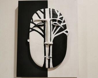 Black and White Tree Face Wall Sculpture/ Bas Relief Painted Face on wood Painting/ OOAK Face Painting/ Tree Face Design Gift/ Hand Made