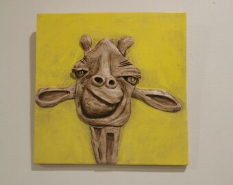 Giraffe  Smirk Bas Relief Tile/ African Animal Art Wall Sculpture/ Unique Giraffe Gift/ Original Art/OOAK Funny Art/Unique Giraffe Art