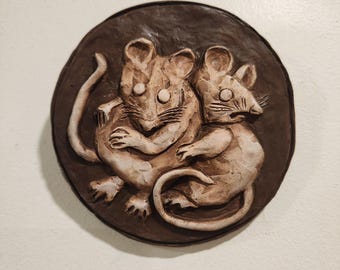 Two Mice Wall Tile/ Bas Relief Sculpture/ Original Animal Art/Mice Wall Decor/Handmade Unique Small Art/Original Art