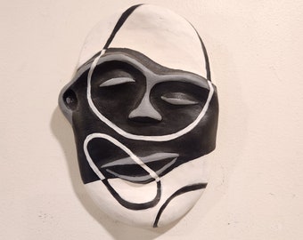 Black & White Face Wall Sculpture: Modern Painted Mask Relief Art
