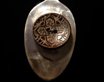 Vintage bamboo button spoon bowl pendant made from antique silverware. Includes silver chain. Free shipping within Canada.