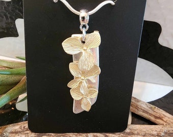 Two tone flower silverware pendant made from up-cycled vintage silver plated cutlery. Includes silver chain, Free shipping within Canada.