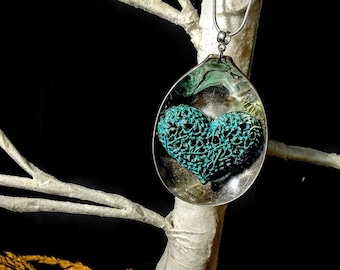 Green bronzed patina heart spoon pendant with made from vintage silverware. Includes silver chain. Free shipping within Canada.