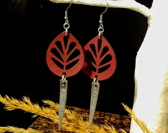 Light weight leather leaf and silver fork tine earrings made from up-cycled vintage silver plate silverware. Free shipping within Canada.